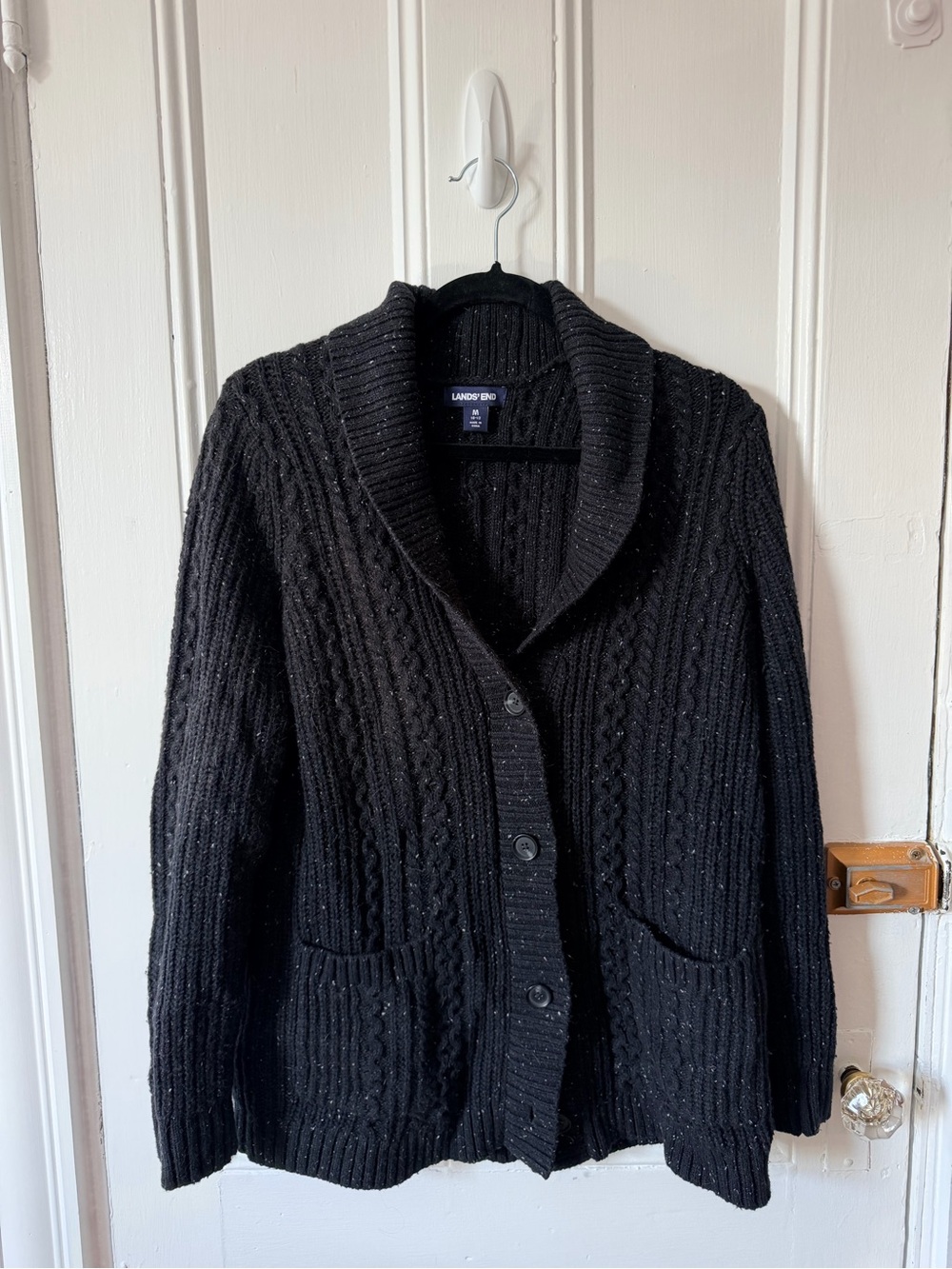 Lands' End Black Cable Knit Shawl-Collar Cardigan with Pockets